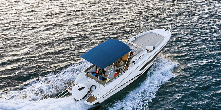 upper view of the boat with a bimini top