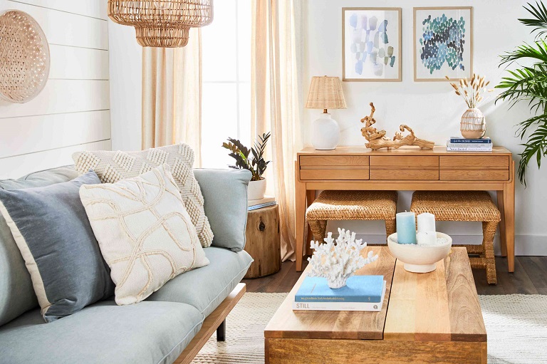 living room with coastal wooden furniture 